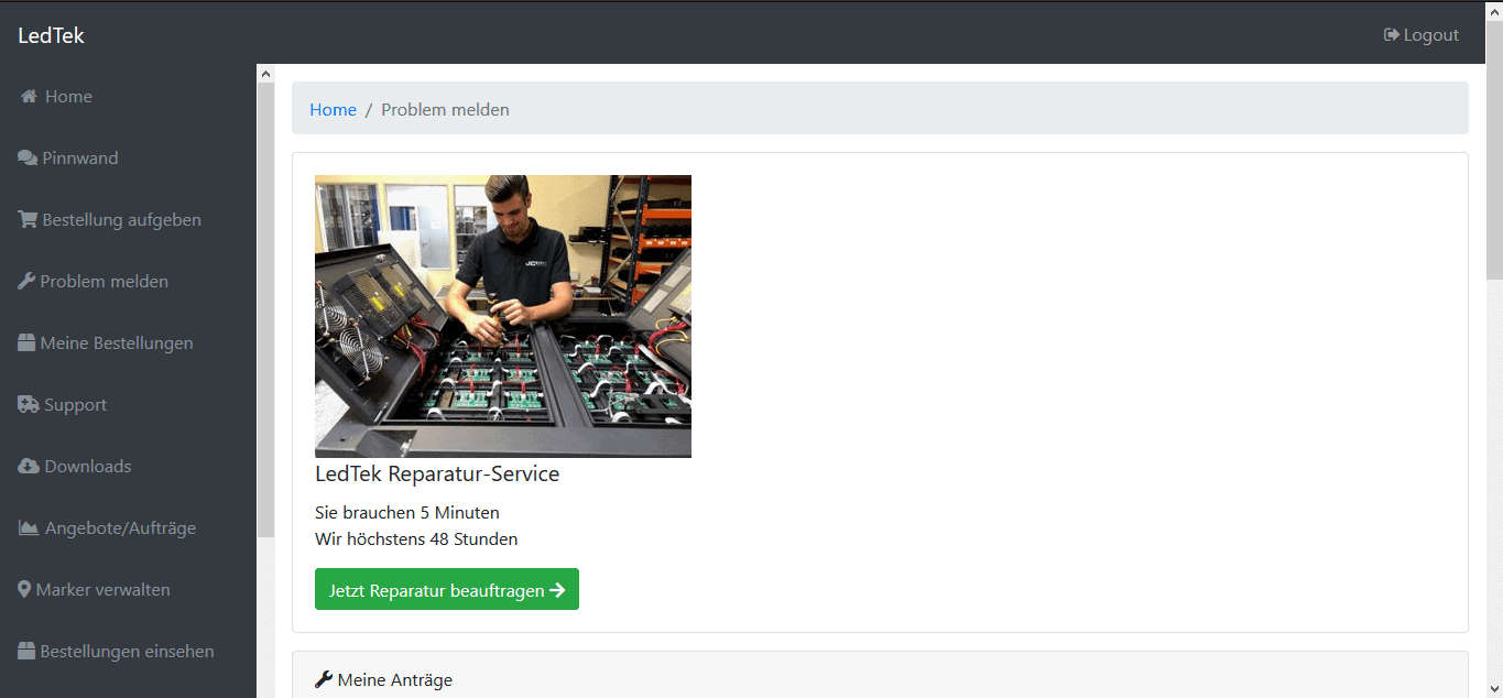 LedTek Serviceportal; Problem melden TÜV-zertifizierte Qualität